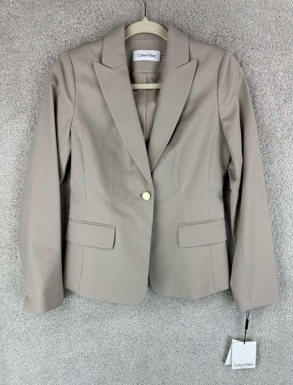 Calvin Klein Jacket Womens 2P Petite Beige Long Sleeve Blazer NWT
